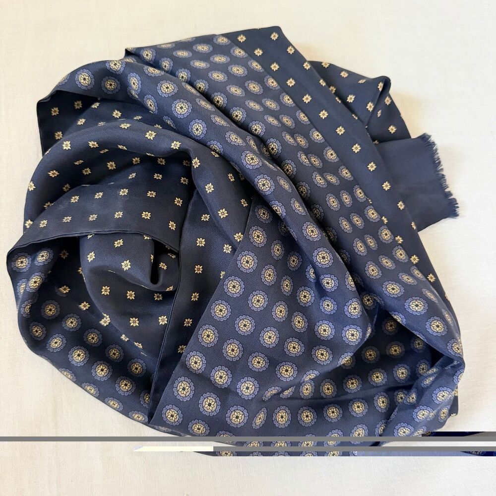 Vintage Bergdorf Goodman Italy Silk Scarf Navy Gold Reversible Double Layer Luxe - Picture 2 of 14